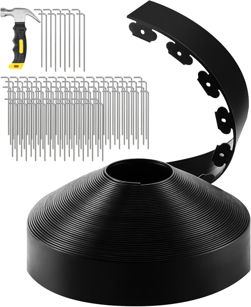 GROWNEER 100FT Landscape Edging Flexible 4 inch Tall Garden Border with 90pcs Galvanized Steel Anchoring Spikes and Hammer Lawn Edging Kit for Flower Bed, Pathway, Landscaping Project, Black - Image 1